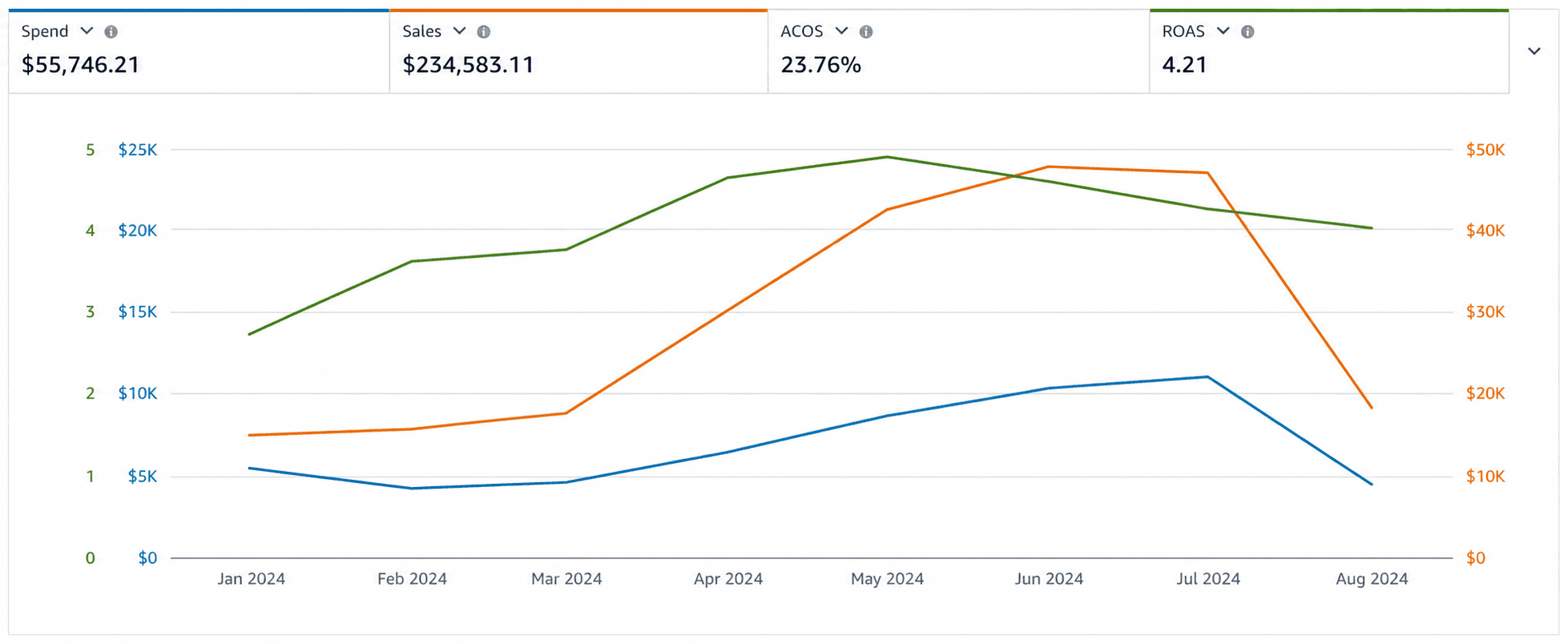 Amazon Ads console data — spend, sales, ACoS, ROAS, Jan–Aug 2024