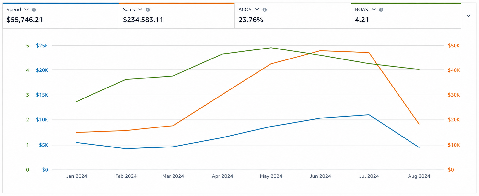 Amazon Ads console data — spend, sales, ACoS, ROAS, Jan–Aug 2024